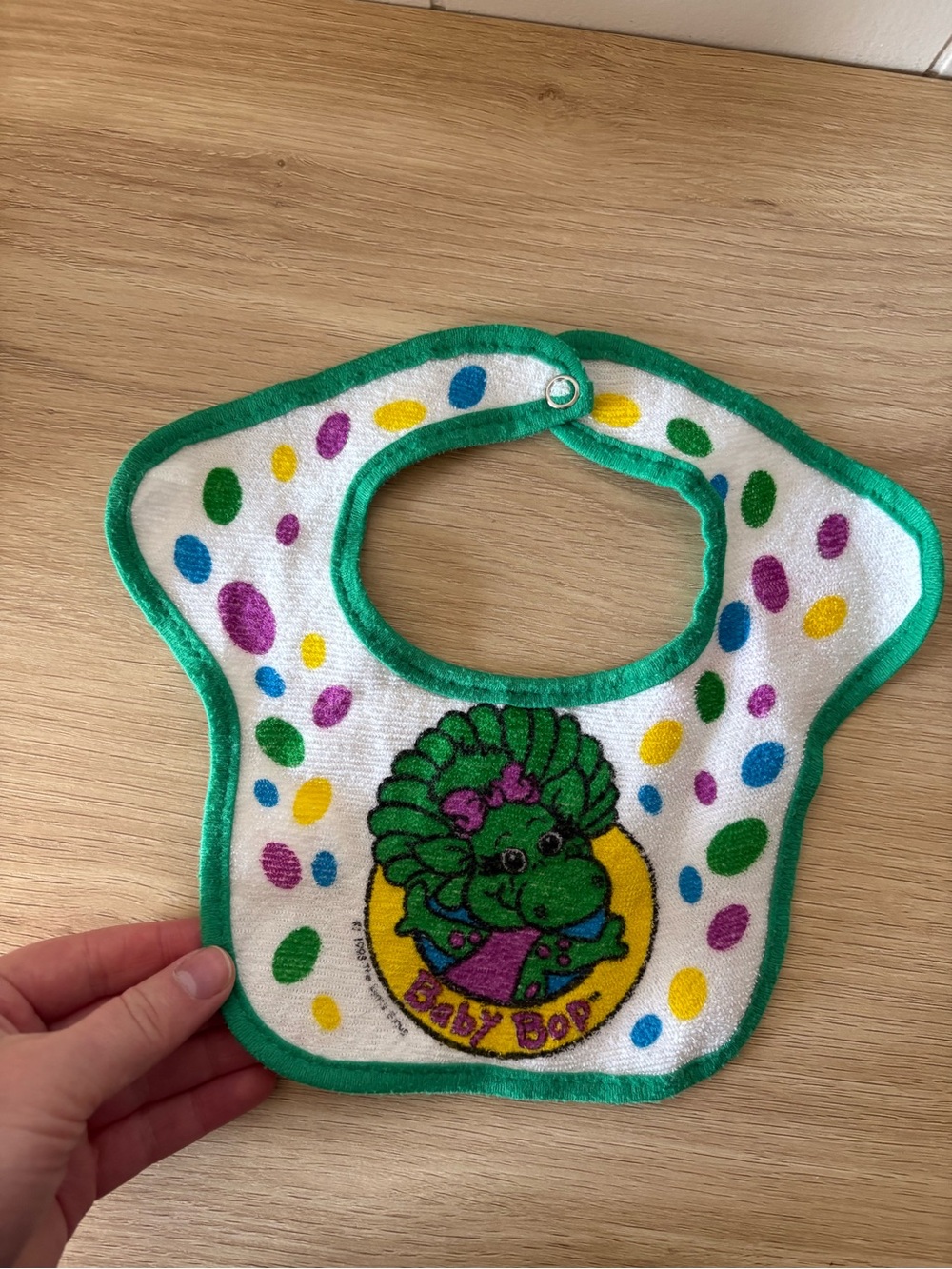 Vintage Baby Bop Green Trim Multicolor Dot Bib